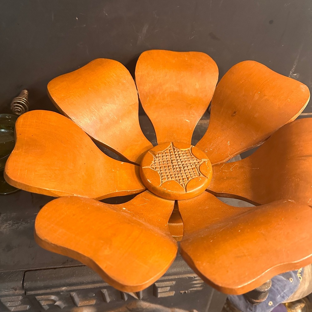 Vintage Carved Wood Lotus Flower Pedestal Bowl Brown Mid Century Centerpiece 13"